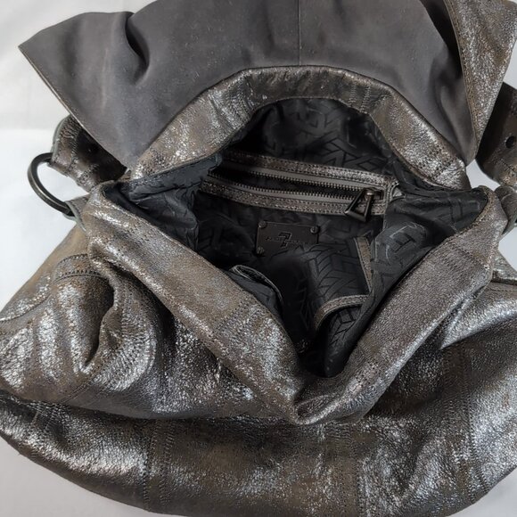 7 For All Mankind Leather Purse Shoulder Bag Silver Distressed Studded Hobo Flap - Picture 12 of 16